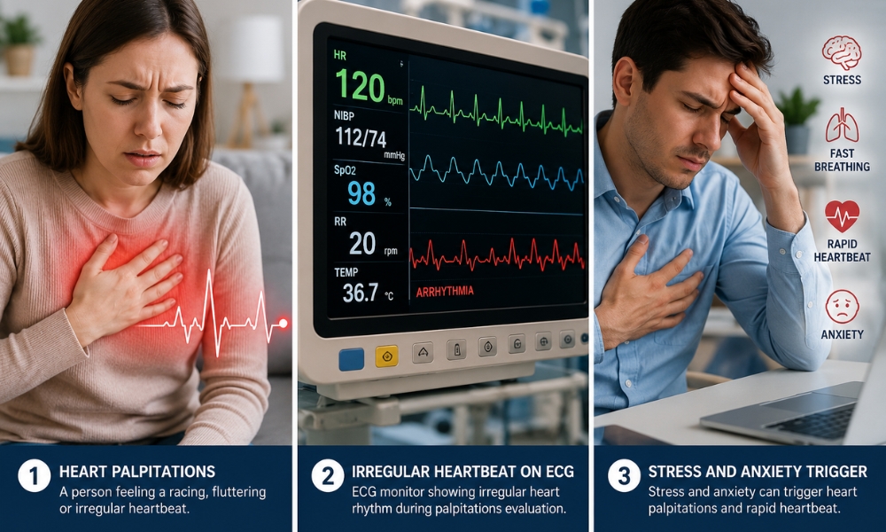 Irregular heartbeat and chest discomfort illustration showing heart palpitations symptoms